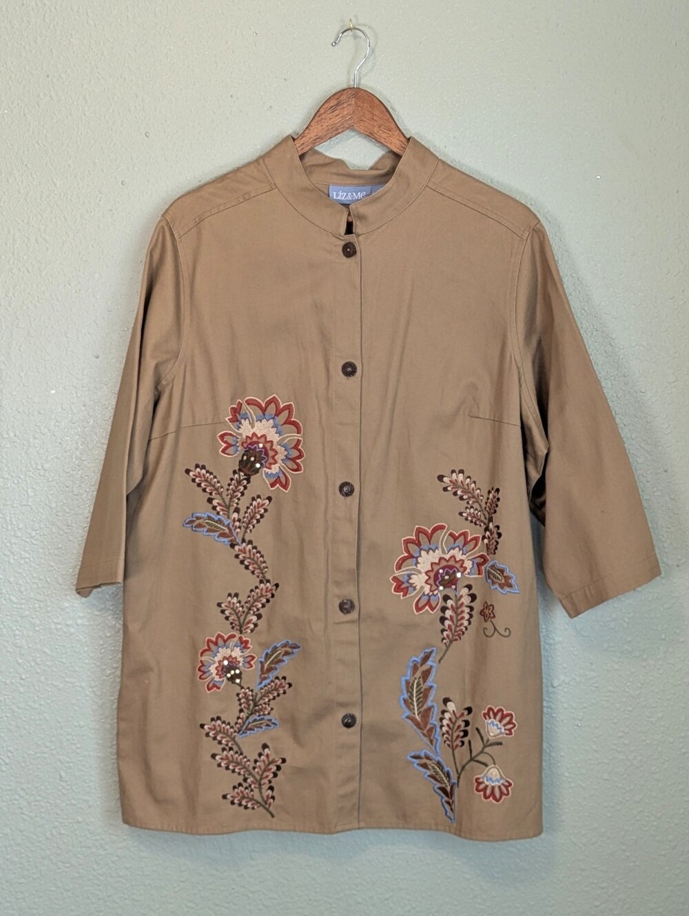 Liz & Me Tan Floral Embroidered Mandarin Collar Utility Jacket